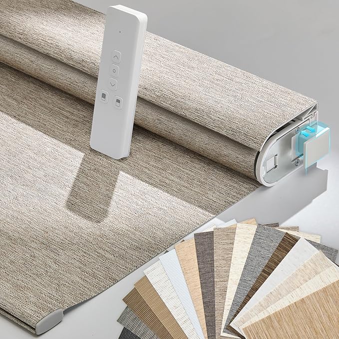 Persilux Smart Motorized Blinds with Remote, No Drill Automatic Roller Shades for Indoor Windows, Light Filtering Linen Fabric, Electric Blinds for Windows, Linen Light Brown C156-3, Custom Size