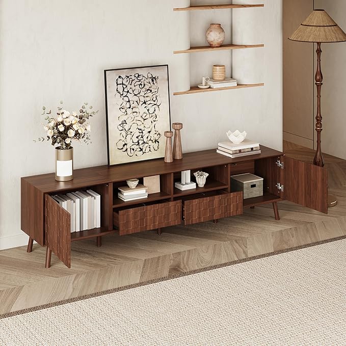 Virubi Mid-Century Modern TV Stand, Entertainment Center with 2 Doors,2 Drawers and Open Shelf, Media Console for TVs up to 80 Inch, Television Stands with Cable Management for Living Room