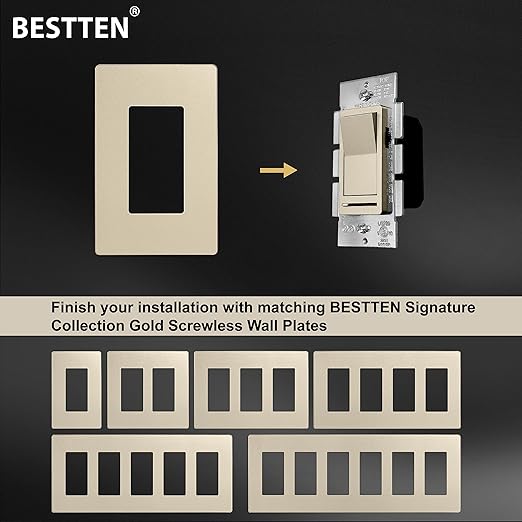 BESTTEN 10 Pack Matte Champagne Gold Dimmer Light Switch, Single Pole or 3-Way, Compatible with Dimmable LED, CFL, Incandescent and Halogen Bulb, 120VAC, Signature Collection, UL Listed