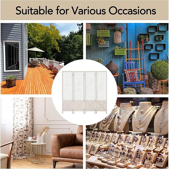 Wnutrees 4 Panel Gridwall Display, Portable Freestanding Display Board for Craft/Art Shows, Retail, Events, Decorative Wood Room Divider Folding Screens, White