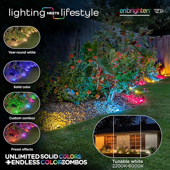 Enbrighten Vibe Eternity Garden Lights, 50ft, 12 RGBWIC LEDs, Waterproof, Uplights, Outdoor Landscape Lighting, Home Exterior Spotlight, Smart App, Compatible with Alexa, Google Home, 83790