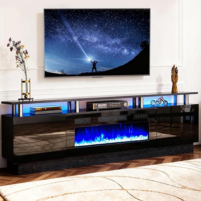 oneinmil 2 Tier TV Console Stand with 36" Electric Fireplace, LED Light Entertainment Center for TVs Up to 80" for The Living Room, 70", Black