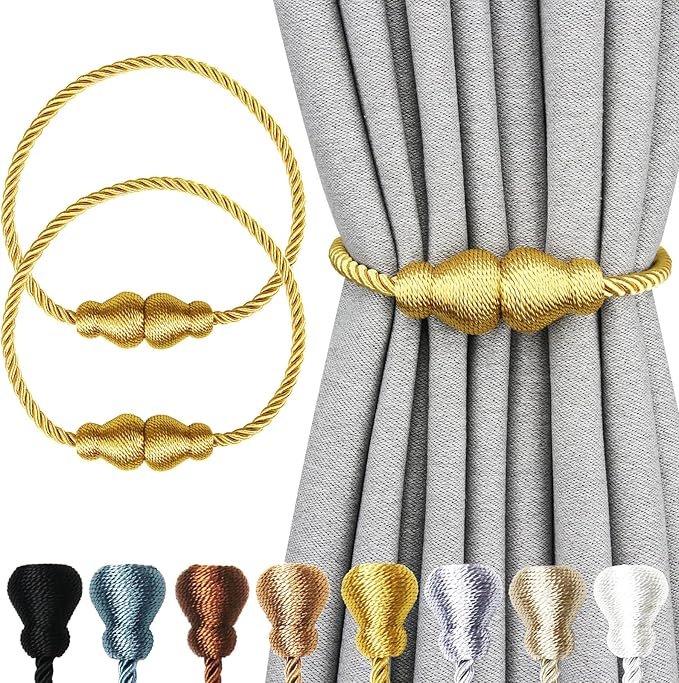 Nieffeiy Magnetic Curtain Tiebacks Outdoor Curtain Tie Backs Rope Decorative Magnetic Curtain Holders for Drapes Window Treatment Holdbacks, Gold 2Pack