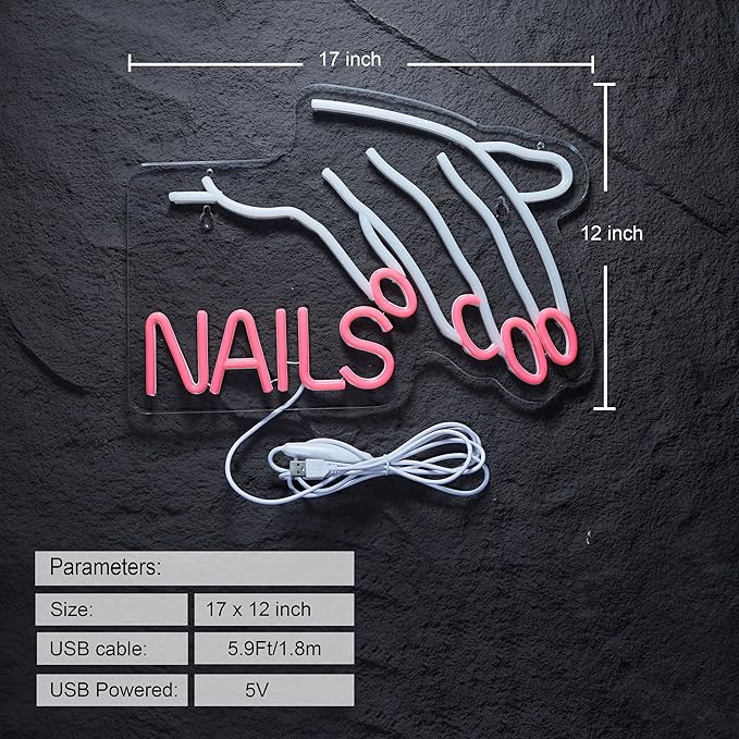 Nails Salon Neon Sign Dimmable Neon Light for Wall Decor Powered by USB Adapter for Beauty Store Room Gift Light and Shop Decorative Signs (17x12inches)