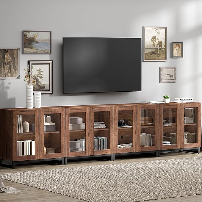 WAMPAT Modern TV Stand with Glass Doors for 120 inch TVs, 4 in 1 Entertainment Center Console with Adjustable Shelves and Metal Base for Living Room, Bedroom, Brown