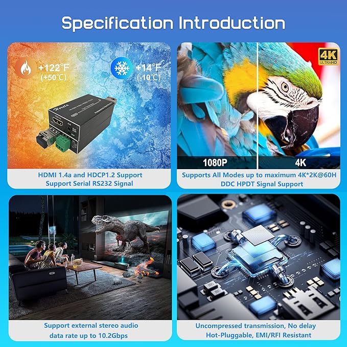 Hereta 4K HDMI Optical Video Extender 10.2Gbps Mini HD Fiber Converter with RS232 and Audio Extension of Distances Up to 20km Over Single-Mode Single Fiber SFP Optical Transceiver