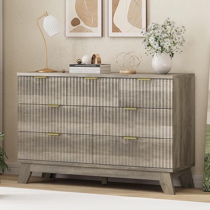 Xixini Fluted Dresser for Bedroom with 7 Drawers, 48" Wide Modern Chest of Drawers with Metal Handle, Wood Dresser TV Stand, Wooden Closet Clothes Storage Organizer for Living Room, Hallway, Grey