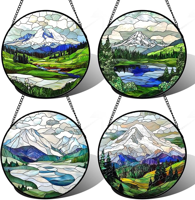 DASTOLL Stained Glass Window Hanging 4 Pcs Set Mountains Lake Green White Landscape 6.3" - Suncatcher Door Garden Sun Catcher Decor Birthday Christmas for Mom Woman Nana Men
