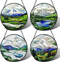 DASTOLL Stained Glass Window Hanging 4 Pcs Set Mountains Lake Green White Landscape 7.8" - Suncatcher Door Garden Sun Catcher Decor Birthday Christmas for Mom Woman Nana Men