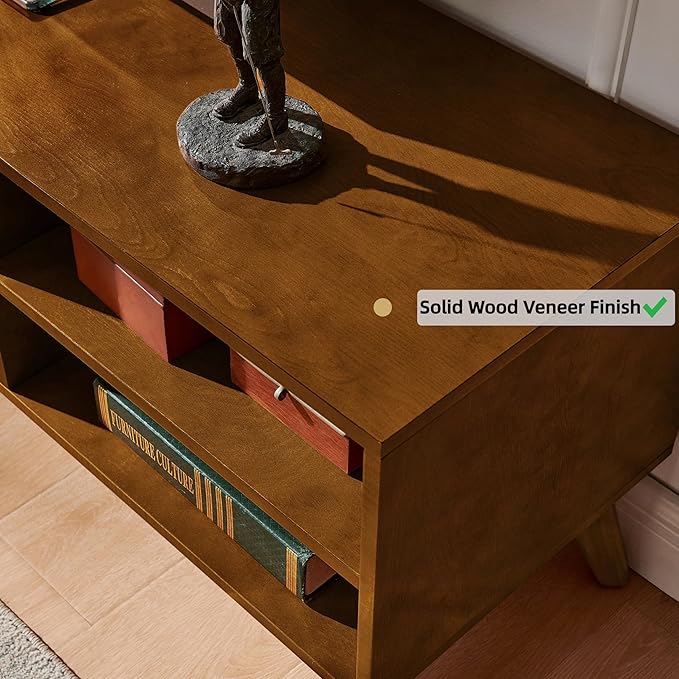 LKTART Mid Century Modern TV Stand for 55/60/65 inch TV,Boho Rattan Media Console with Sliding Doors for Living Room (Light Walnut, 59")