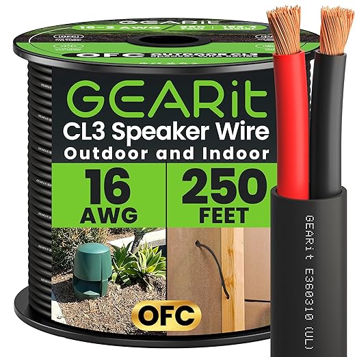 GEARit Outdoor Speaker Wire CL3 Rated, 16 Gauge Speaker Wire, Speaker Cable 250 ft for Outdoor Speakers, Patio, Garden, Backyard Audio, Direct Burial in Ground/in Wall, OFC (Black, 2-Conductors)