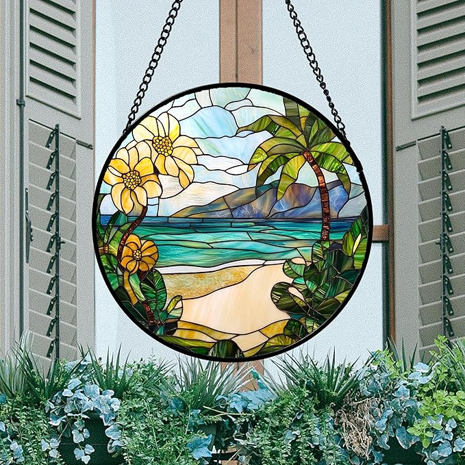 DASTOLL Stained Glass Window Hanging 4 Pcs Set Blue Ocean Coconut Tree Scenery 9.8" - Suncatcher Door Garden Sun Catcher Decor Birthday Christmas for Mom Woman Nana Men