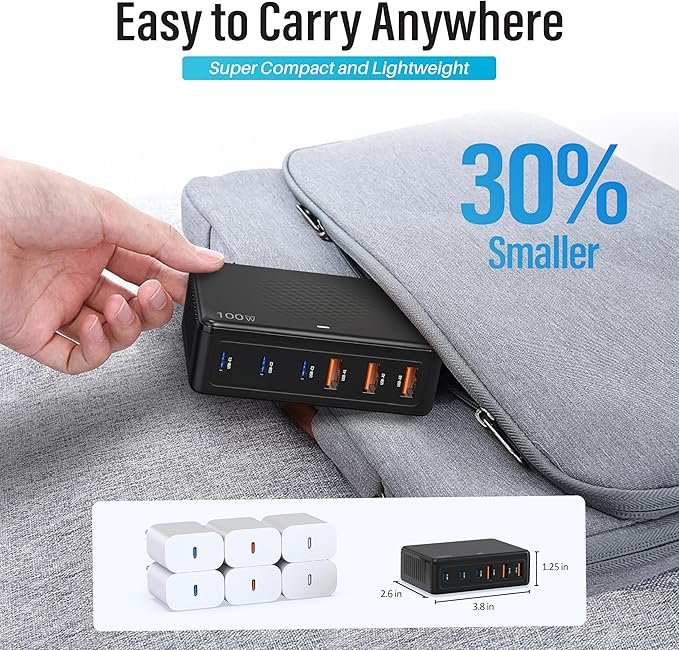 100W USB C Fast Charger, GaN III 6 Port PD+QC Multiport Charging Station Charger Hub, USB Charger Block, USB-C Adapter Plug for iPhone 17,17 Air,16,15, 14, 13, Pro Max, Galaxy S25, S24-5ft Cord