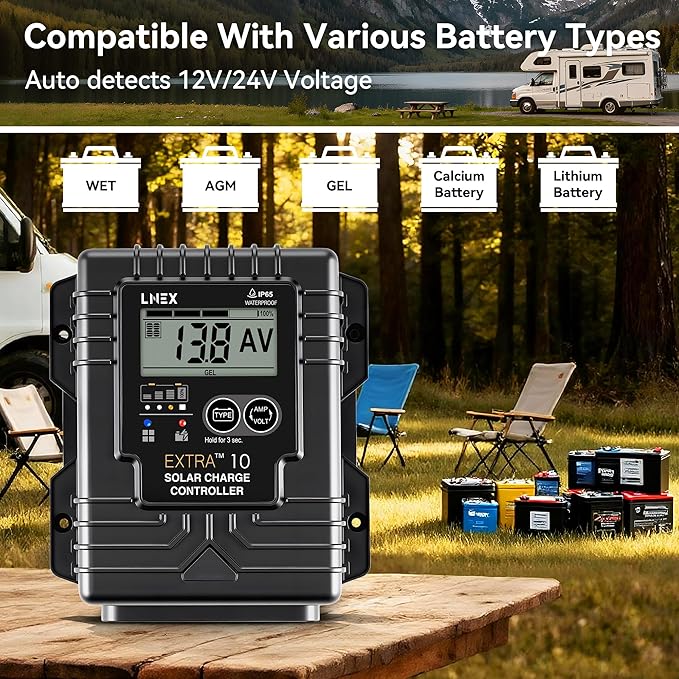 LNEX Solar Charge Controller Waterproof, 10A Solar Panel Regulator with Temp Sensor,Backlit LCD, 12V/24V PWM Solar Controller for LiFePO4,AGM, Gel, Flooded and Lithium Battery