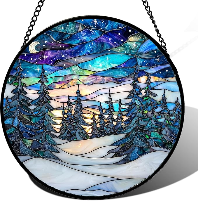 DASTOLL Stained Glass Window Hanging, Starry Sky Trees and Snow Sun Catchers Glass Panel Blue Suncatcher Decor for Birthday for Women, Men, Wife, Aunt, and Mom 14.9x14.9 in