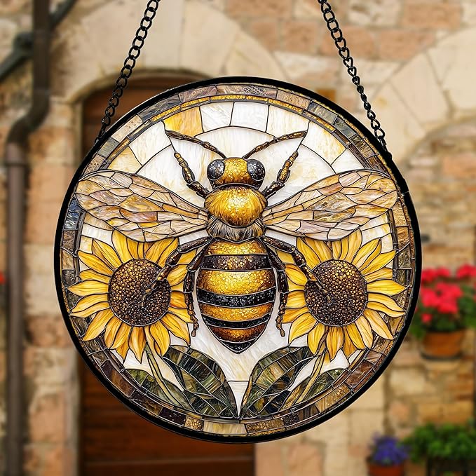 DASTOLL Stained Glass Window Hanging - Bee Sunflower Yellow Suncatcher Ready to Hang Window Doors Home Decoration and Christmas, Mother's Day Birthday Gifts for Women, Men, and Mom 9.8x9.8 in
