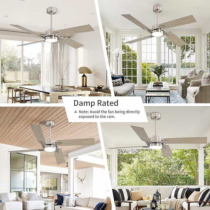 WINGBO 54 Inch Ceiling Fan with Light and Remote, 4 Plywood Blades, 6-Speed Reversible DC Motor, Dimmable, 3CCT, Farmhouse Ceiling Fan for Bedroom Living Room Kitchen, Brushed Nickel and Gray