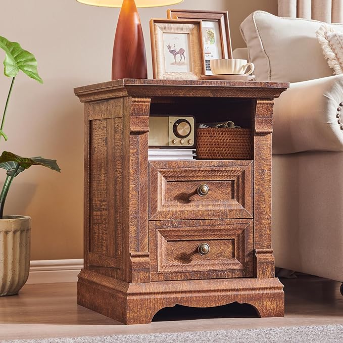 T4TREAM Farmhouse Nightstand Set of 2, 18" Sofa Side Table with Charging Station, Wooden End Table w/Roman Column, Bedside Cabinet for Bedroom, Living Room, Reclaimed Barnwood