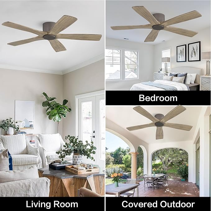 WINGBO 48" Flush Mount DC Ceiling Fans without Lights, 5 Carved Solid Wood Blades, 6-Speed Reversible DC Motor, Low Profile Hugger Ceiling Fan No Light for Living Room Bedroom Patio, Graphite and Gray