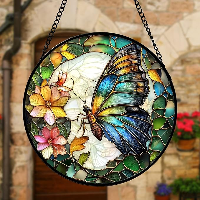 DASTOLL Stained Glass Window Hanging, Butterfly Flower Sun Catchers Diamond Glass Panel Hangings Insect Suncatcher Decor for Birthday for Women, Men, Wife, Aunt, and Mom 7.8 in