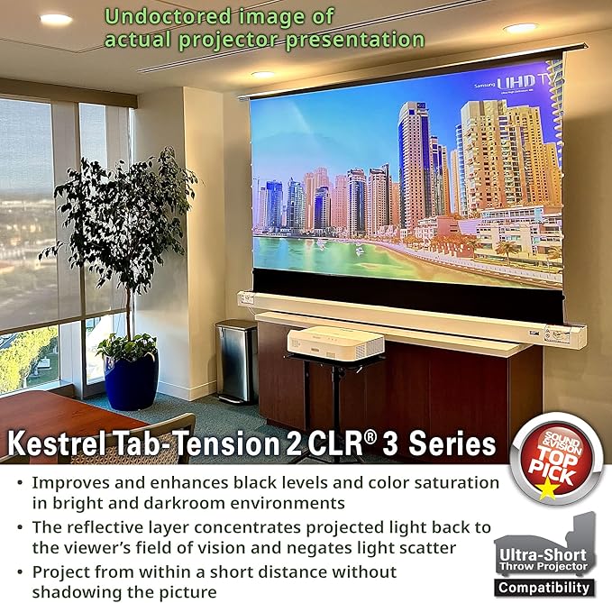 Elite Screens Kestrel Tab-Tension 2 CLR3, 121" 16:9, Ultra-Short Throw Ceiling Ambient Light Rejecting (CLR/ALR) Electric Floor-Rising Motorized Front Projector Screen, Black Casing, FTE121UH3-CLR3