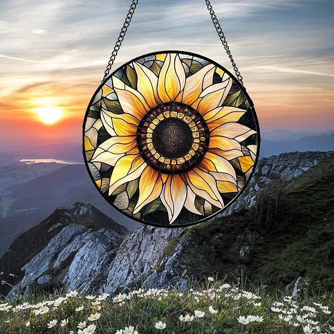 CRISGIF Stained Glass Window Hanging - Sunflower Suncatcher for Door Garden Patio Retro Flower Sun Catchers Decor Christmas Mother's Day Birthday Gifts for Women Mom Nana Friend Wife 15 in