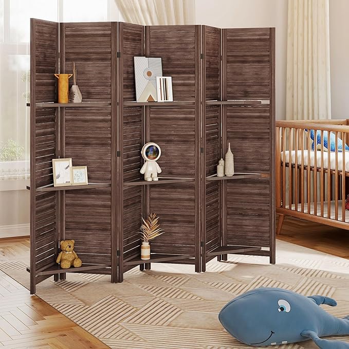 HOMCOM Room Divider, 6 Panel 67" Tall Wood Privacy Screen with 3 Display Shelves, and Folding Storage for Bedroom or Home Office, Walnut