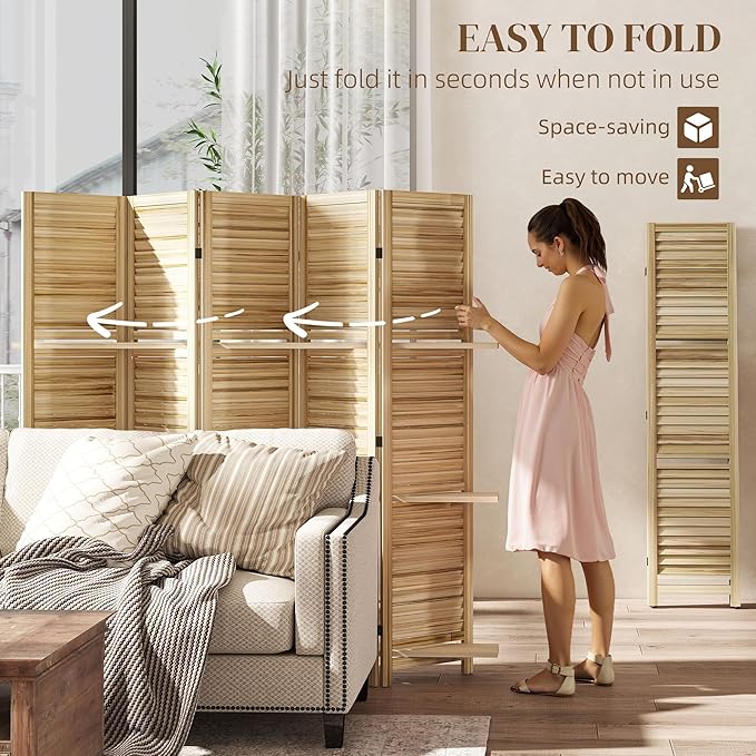 HOMCOM Room Divider, 5 Panel 67" Tall Wood Privacy Screen with 3 Display Shelves, and Folding Storage for Bedroom or Home Office, Natural Wood
