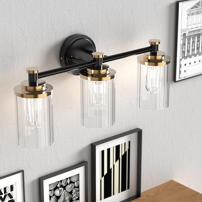 PHIXART Bathroom Lighting Fixtures Black and Gold Bathroom Vanity Light with Cylindrical Clear Stripes Glass Lampshade E26 Socket Base Bathroom Lighting Fixtures Over Mirror (3 Lights)