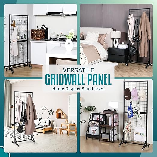 2 Gridwall Panels | 5 FT Tall x 2 FT Wide Portable Display Stand for Vendor Events with Caster Wheels | Heavy Duty Grid Wall with 16 Hooks Included | Gridwall Panel Display Stand for Easy Assembly