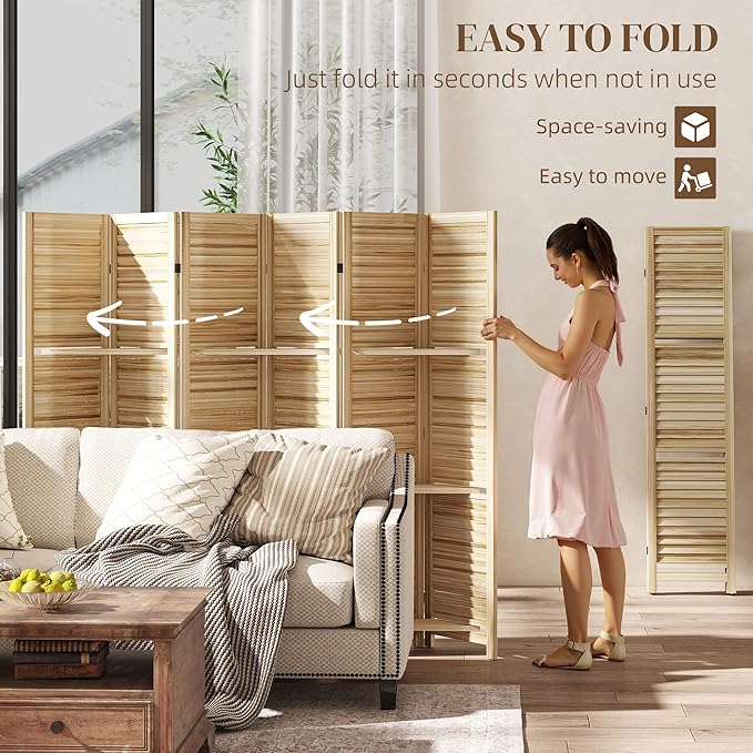HOMCOM Room Divider, 6 Panel 67" Tall Wood Privacy Screen with 3 Display Shelves, and Folding Storage for Bedroom or Home Office, Natural Wood