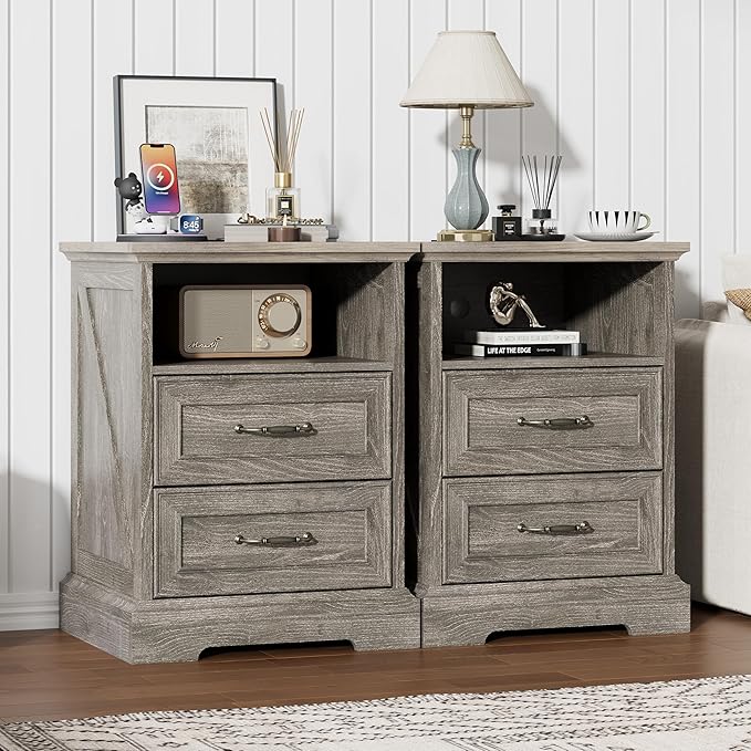 Nightstand with Charging Station,18" Wide End Table with 2 Large Drawers & Metal Handles,Rustic Farmhouse Wood Small Dresser,Bedside Table,Modern Chest of Drawers for Bedroom,Living Room,Dark Grey