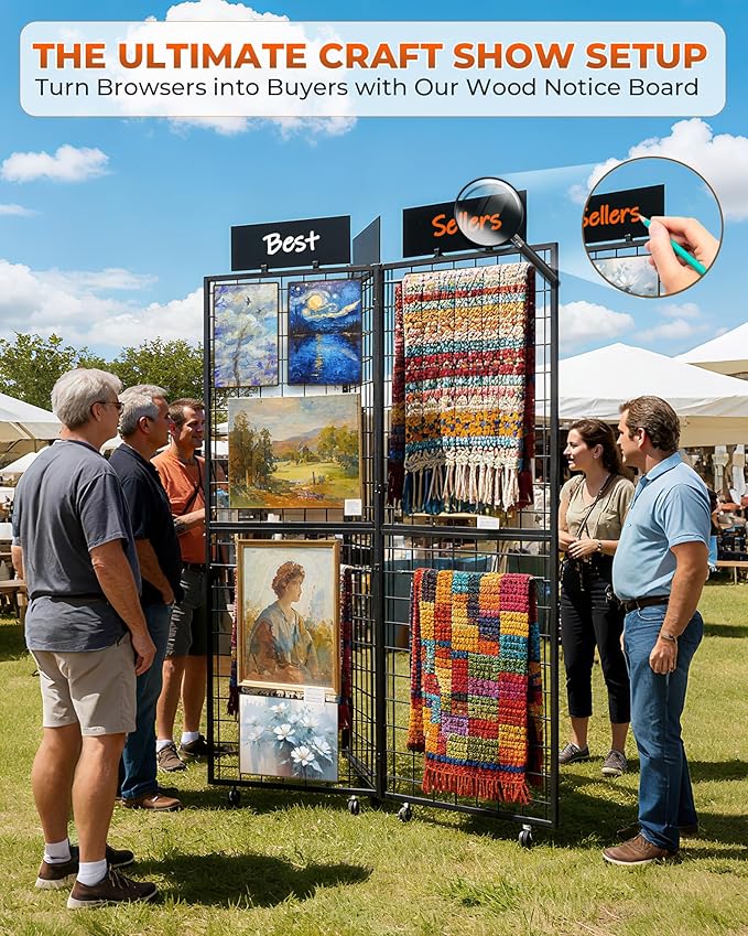 DEMEGA 360° Foldable Grid Wall Panel, Three 6' x 4.25' Ft Double Side Gridwall Display Stand with Notice board, Heavy Duty Sturdy Floorstanding Wire Grid Rack, Movable Wheel for Retail Art Craft Fairs