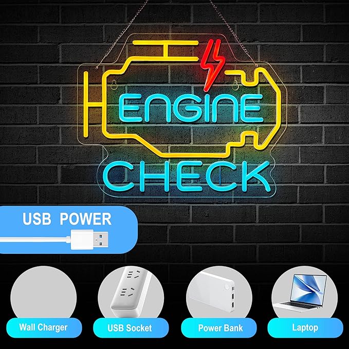 Check Engine Neon Sign for Garage Wall Decor Check Engine Neon Signs Car Auto Repair Workshop Sign with Dimmable USB Powered Signs Décor (17X13in)