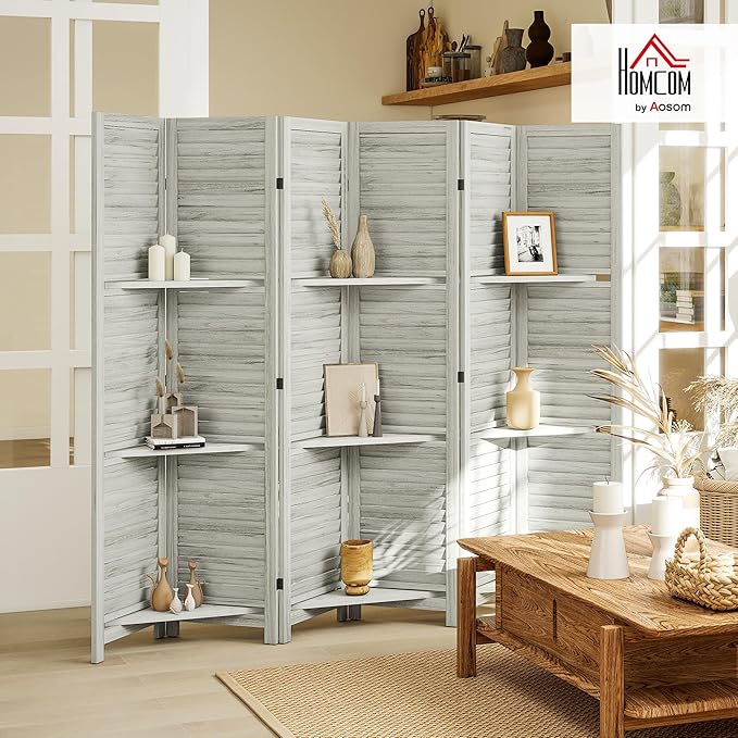 HOMCOM Room Divider, 6 Panel 67" Tall Wood Privacy Screen with 3 Display Shelves, and Folding Storage for Bedroom or Home Office, Distressed White