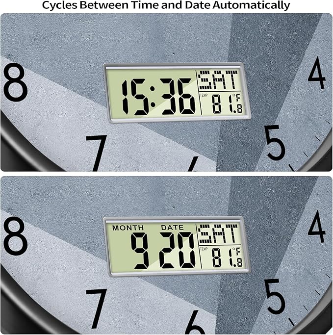 SCAOGE Industrial Wall Clock with Day Week Temperature Grayish Blue Non-Ticking Digital Clocks Large Display Battery Operated Wall Mount Analog Clock with Date for Living Room Bedroom Decor 14 Inch