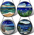 AMDERVEN Stained Glass Window Hanging 4 Pcs Set Navy Blue Ocean Landscape 9.8" - Suncatcher Door Garden Sun Catcher Decor Birthday Mother's Day for Mom Woman Nana Girl Boy Friend
