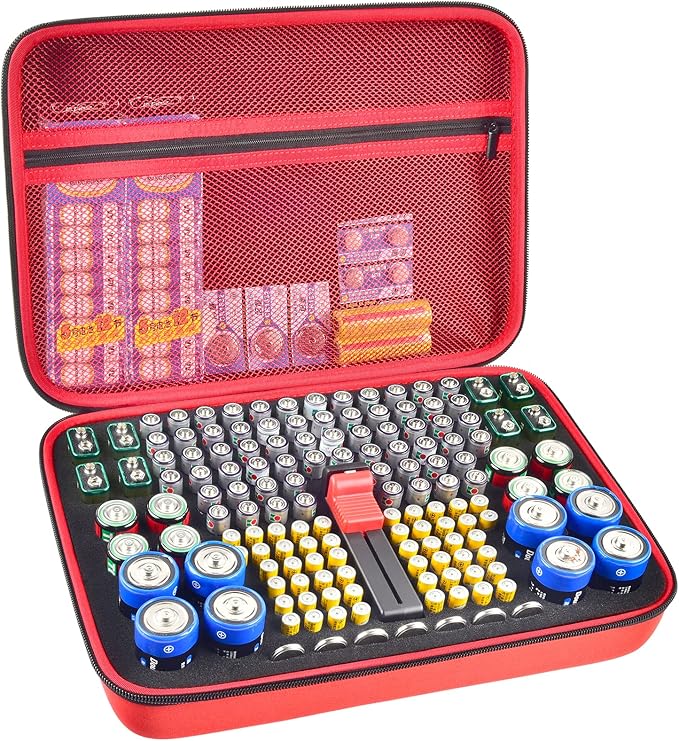 Battery Organizer Case, 150+ Batteries Storage Holder Container with Tester. Garage Organization Box for AA AAA 9V C D Lithium 3V LR44 CR2016 CR1632 CR2032 CR2025 (Not Includes Battery Pack) -Red