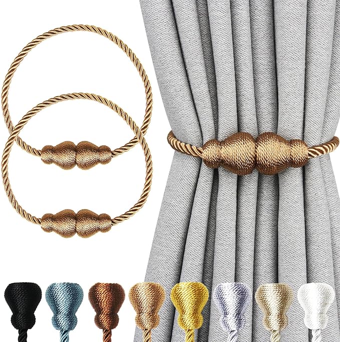 Nieffeiy Magnetic Curtain Tiebacks Outdoor Curtain Tie Backs Rope Decorative Magnetic Curtain Holders for Drapes Window Treatment Holdbacks, Khaki 2Pack