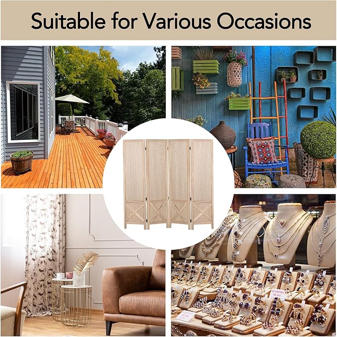 Wnutrees 4 Panel Pegboard Display, 5 Ft Wood Folding Privacy Screens Room Divider, Portable Freestanding Display Board for Craft/Art Shows, Retail, Events, Wall Organizer, Rustic Barnwood, Natural