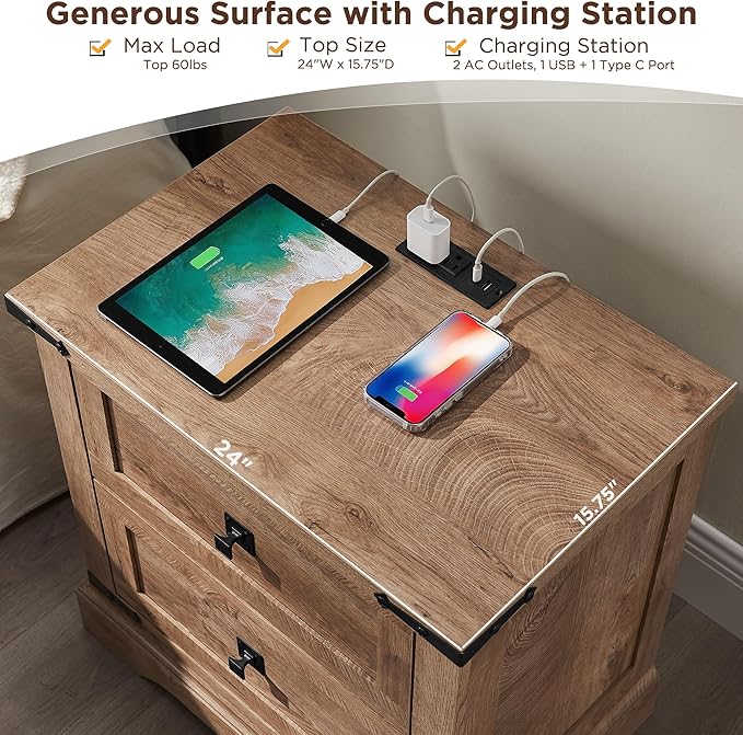 T4TREAM 24" Farmhouse Nightstand with Charging Station, Large End Table with 2 Storage Drawers, Rustic Wood Sofa Bedside Table for Bedroom, Light Knotty Oak