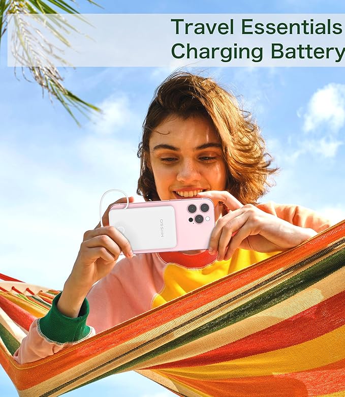 miisso 6000mah Ultra Slim Built in Cables Power Bank, Card Size Built in USB C Cords Battery Pack Portable Charger for Phones, 3 Output External Battery Pack Compatible with iPhone, Pure White