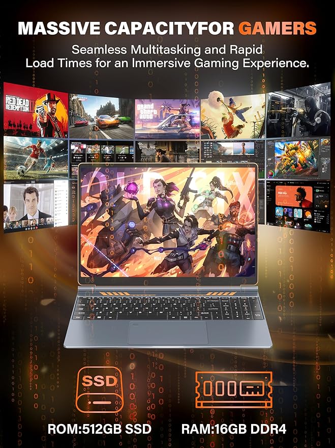 Rumtuk 16" Gaming Laptop Computer - Alder Lake N95 Processor (3.4GHz), FHD 1920 * 1200 IPS, 16G RAM, Fingerprint, Backlit Keyboard, 180° Hinge, Lightweight for Business & Student (512GB)
