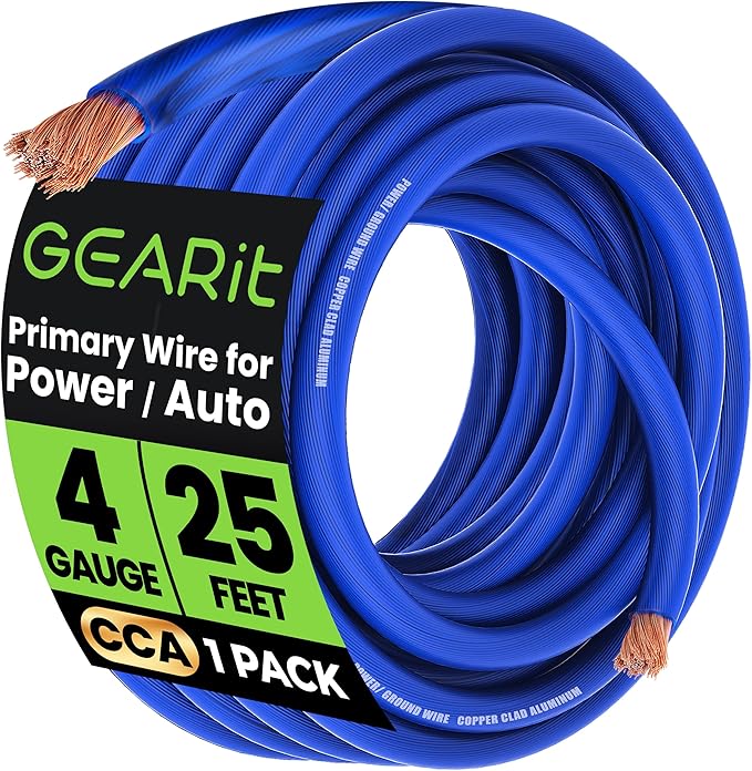 GEARit 4 Gauge Wire (25ft - Blue Translucent) Copper Clad Aluminum CCA - Primary Automotive Wire Power/Ground, Battery Cable, Car Audio Speaker, RV Trailer, Amp, Electrical 4ga AWG 25 Feet