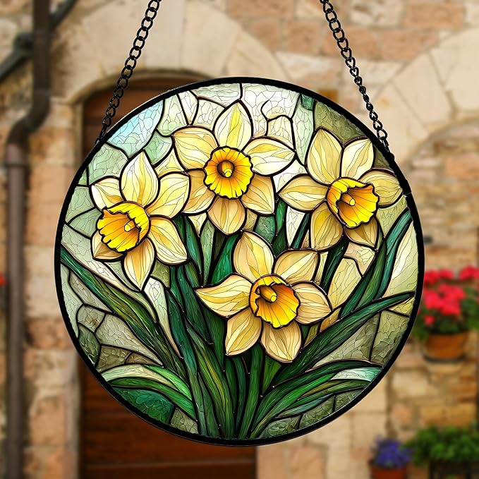 DASTOLL Stained Glass Window Hanging, Daffodil Plant Flowers Sun Catchers Diamond Glass Panel Hangings Suncatcher Decor for Birthday for Women, Men, Wife, Aunt,and Mom 9.8X9.8IN