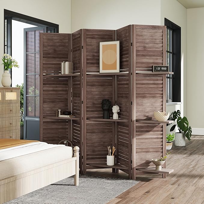 HOMCOM Room Divider, 5 Panel 67" Tall Wood Privacy Screen with 3 Display Shelves, and Folding Storage for Bedroom or Home Office, Walnut