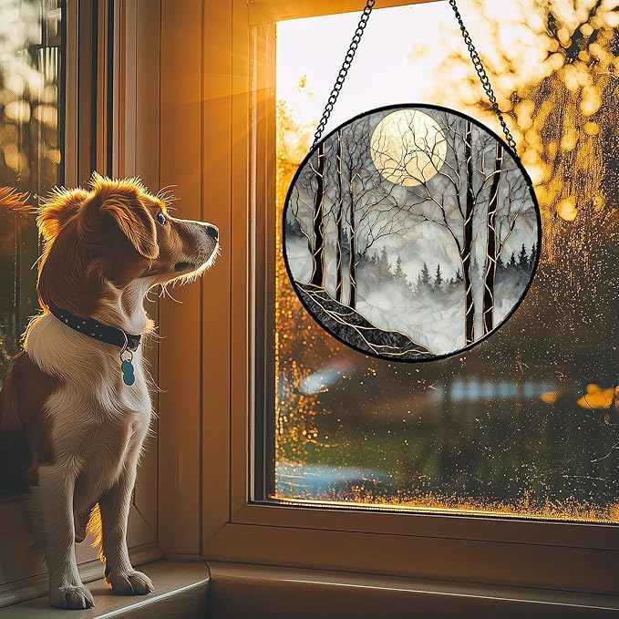 AMDERVEN Stained Glass Window Hanging - Black and White Gold Moon Forest Sun Catcher for Door Home Decor Suncatcher Christmas Mother's Day Birthday Gifts for Women Men Lovers Mom Nana 9.8 in