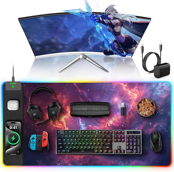 TopMade Wireless Charging Mouse Pad, RGB Gaming Mousepad Home Office Desk Pad, 31.5” x 15.8” Large Desk Mat, Waterproof Keyboard Pad, Galaxy Nebula (Includes 20W PD Power Adapter & 6.56ft Woven Cable)