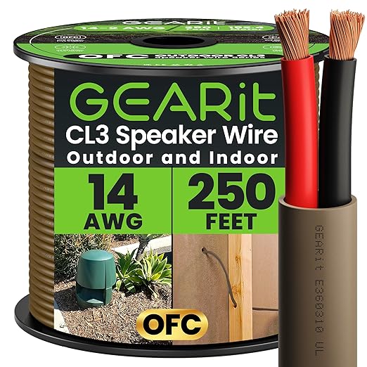 GEARit Outdoor Speaker Wire CL3 Rated, 14 Gauge Speaker Wire, Speaker Cable 250 ft for Outdoor Speakers, Patio, Garden, Backyard Audio, Direct Burial in Ground/in Wall, OFC (Brown, 2-Conductors)