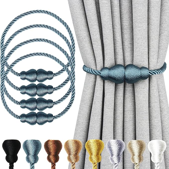 Nieffeiy Magnetic Curtain Tiebacks Outdoor Curtain Tie Backs Rope Decorative Magnetic Curtain Holders for Drapes Window Treatment Holdbacks, Blue 4Pack